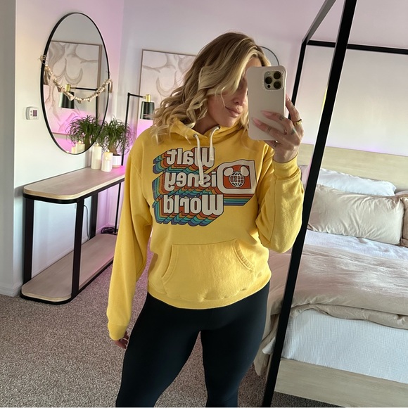 Disney World Tops - Walt Disney World Retro Stack Distressed Yellow Sweatshirt Hoodie, Medium